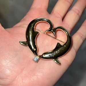 Double Goldtone Dolphin Pun Brooch Porpoises Jeweled Heart Shape
